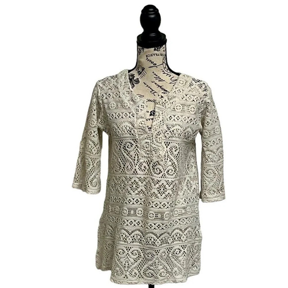 J Valdi White Crochet 90s Vintage Beach Coverup Pullover Mini Dress Sheer Tunic - Picture 1 of 9
